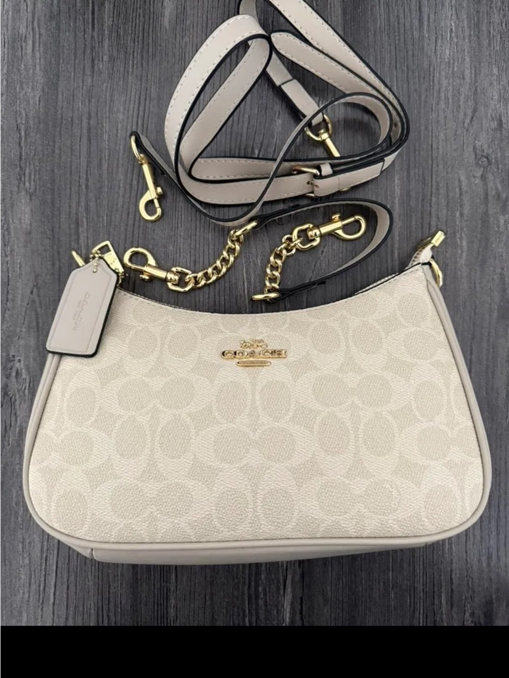 Coach Cream Signature Canvas Shoulder Bag with Gold Hardware